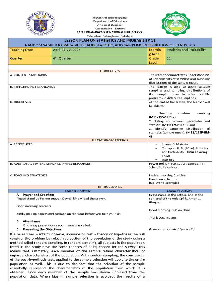 Lesson Plan: Statistics & Probability 11 | PDF | Sampling (Statistics ...