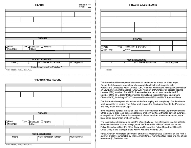 Michigan Firearm Sales Record Form | PDF | National Instant Criminal ...