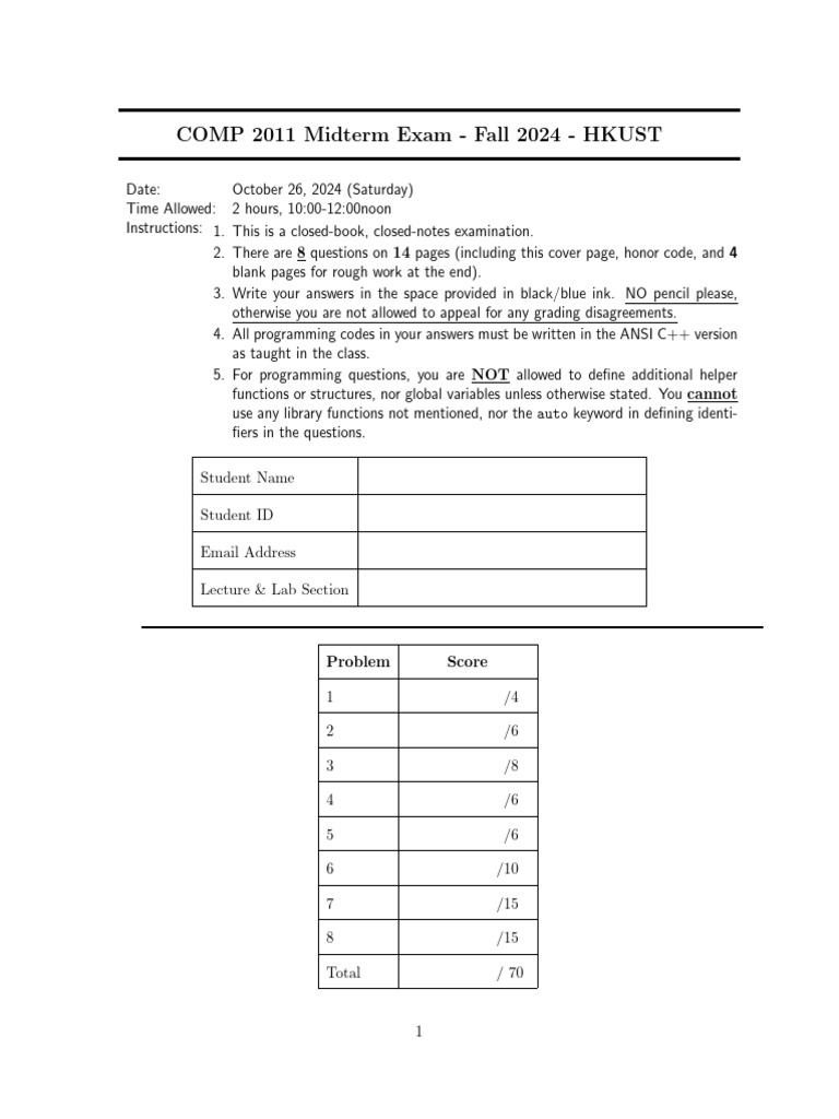 COMP 2011 Midterm Exam Details | PDF | C++ | Computer Engineering