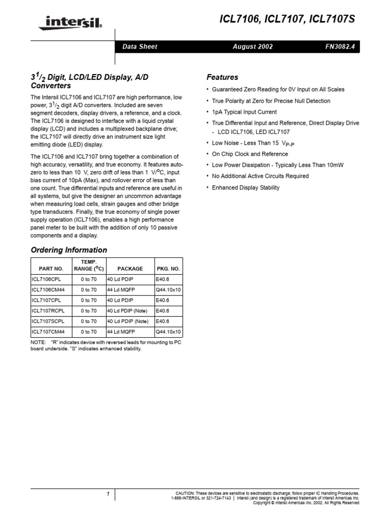 ICL7106 | PDF | Analog To Digital Converter | Liquid Crystal Display