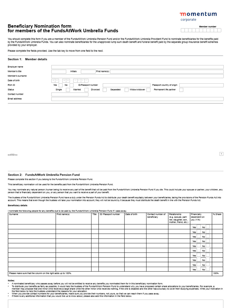 FundsAtWork Beneficiary Nomination Form | PDF | Pension | Trustee