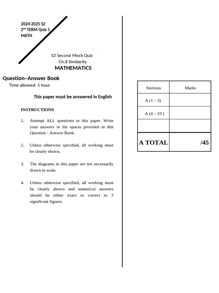 S2 Math Quiz: Similarity Concepts | PDF | Area