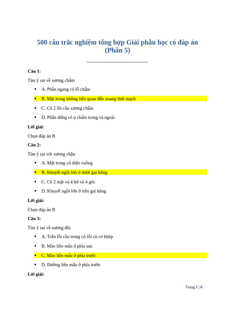 500 Cau Trac Nghiem Tong Hop Giai Phau Hoc Co Dap An Phan 5 2025-06-19 ...