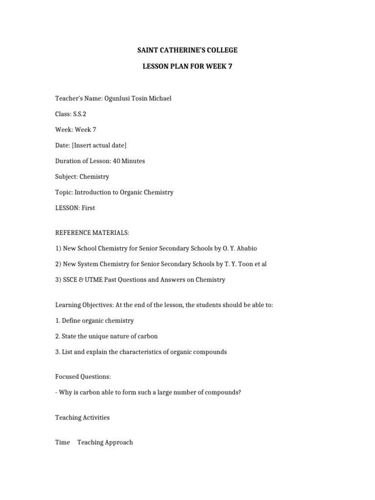 Lesson Plan Ss2 Chemistry Week 7 | PDF | Functional Group | Organic ...
