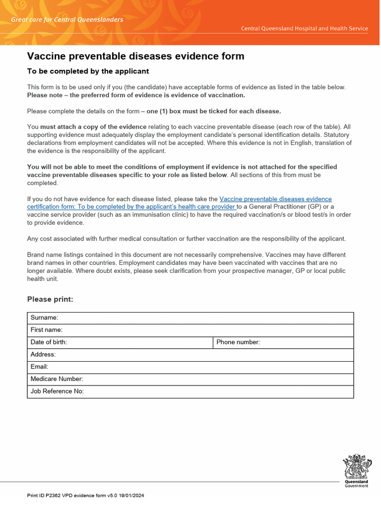 VPD Evidence Form for Employment Compliance | PDF | Hepatitis | Hepatitis B