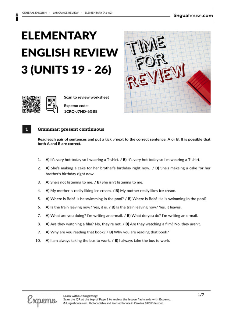 Elementary English Grammar Review A1-A2 | PDF | English Language ...