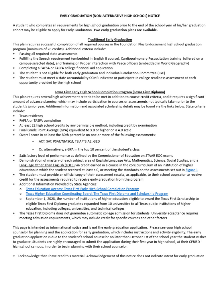 Early Graduation and Texas First Diploma Acknowledgement | PDF | Se ...
