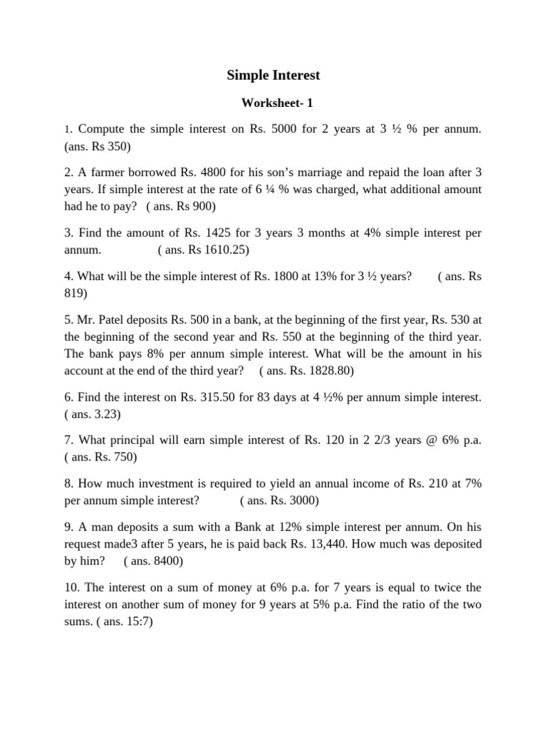 Simple Interest Worksheet | PDF | Interest | Chess Theory