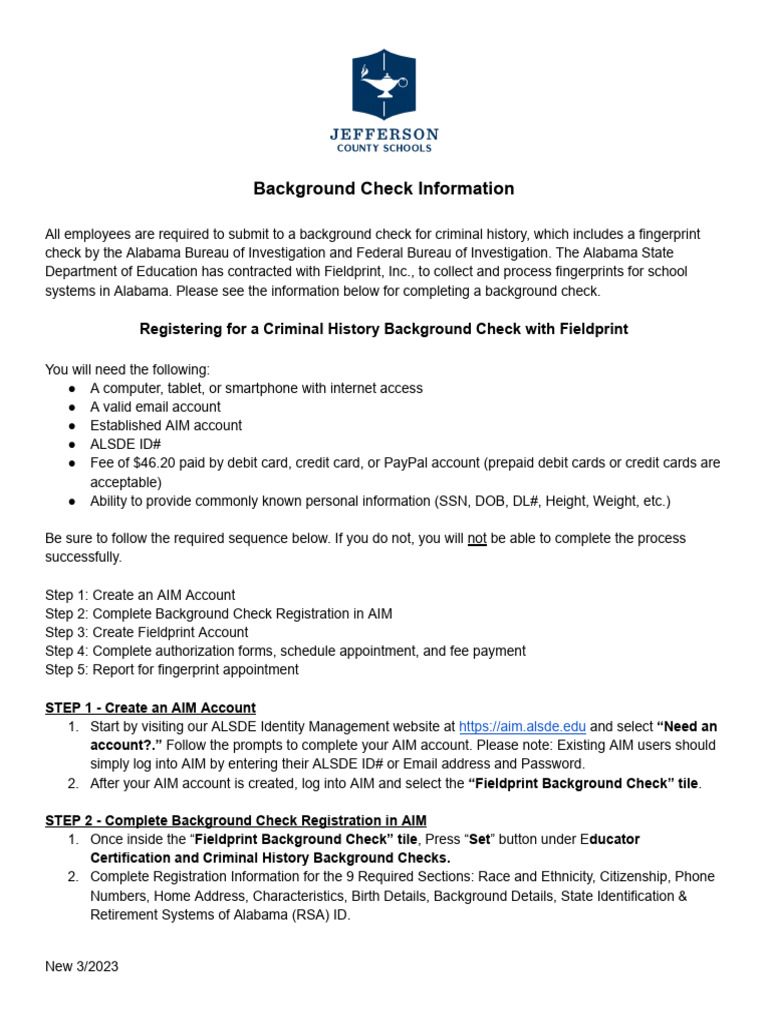 Background Check Instructions - Fieldprint (New ALSDE Vendor) | PDF ...