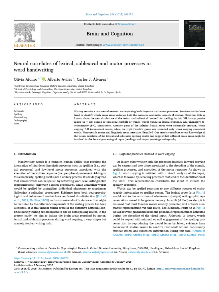 Neural Correlates in Handwriting Processes | PDF | Neuroscience ...