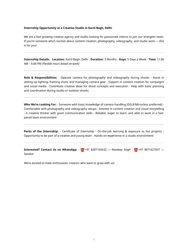 Internship Opportunity Creative Studio | PDF