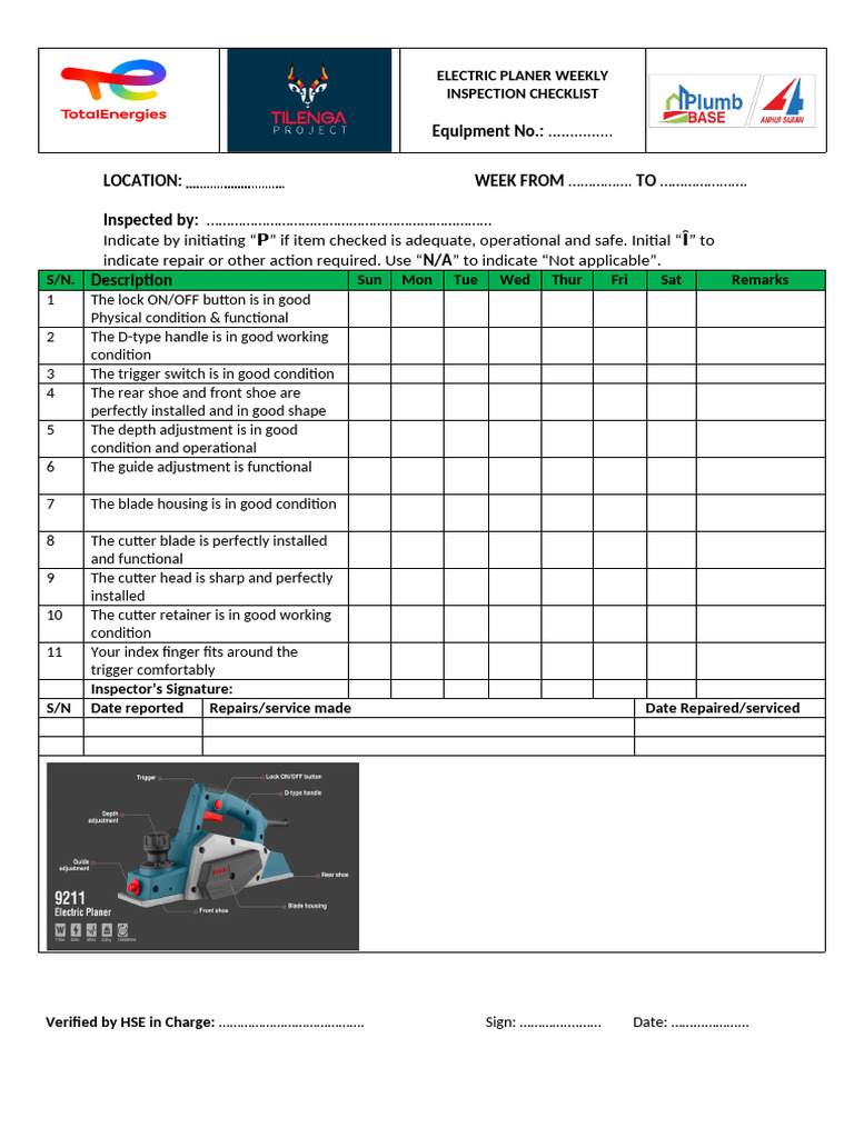 Electric Planer Inspection Checklist | PDF
