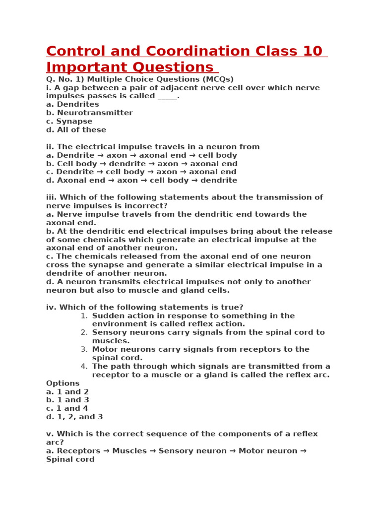 Control and Coordination Class 10 Important Questions | PDF | Axon | Neuron