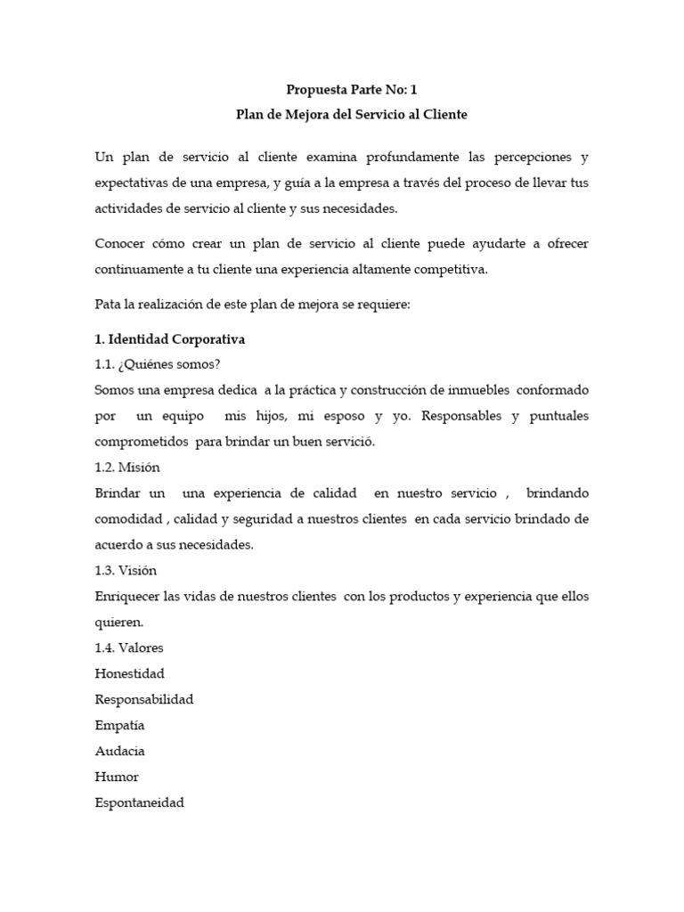 Plan de Mejora del Servicio al Cliente | PDF | Servicio al Cliente ...