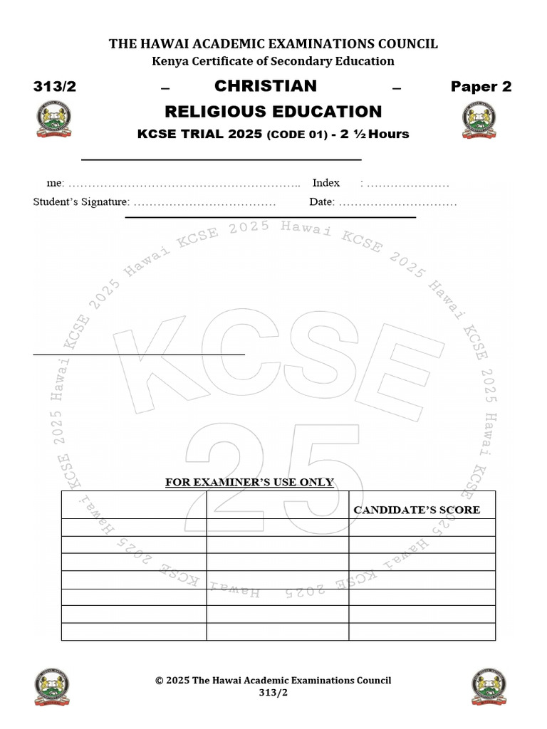 KCSE 2025 CRE Paper 2 Trial Exam | PDF | Jesus | Abrahamic Religions