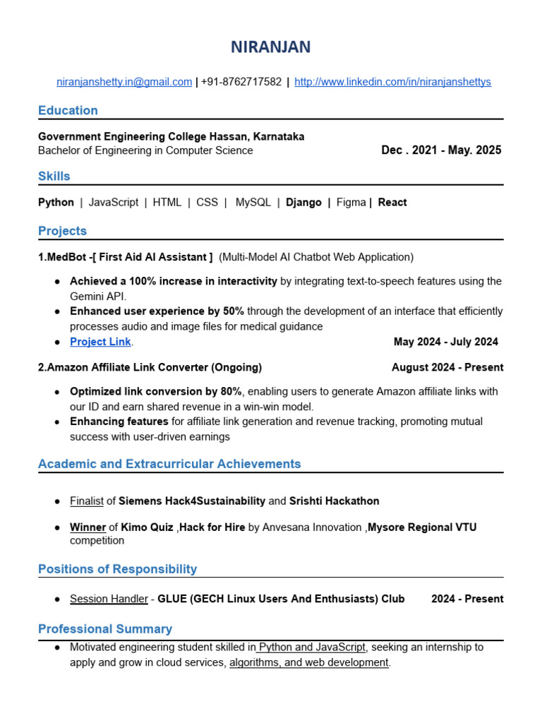 Niranjan Intern Resume | PDF