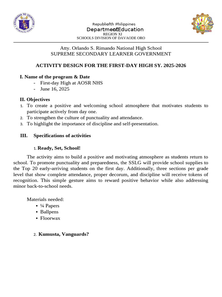 First-Day High Activity Plan 2025-2026 | PDF | Psychological Theories ...