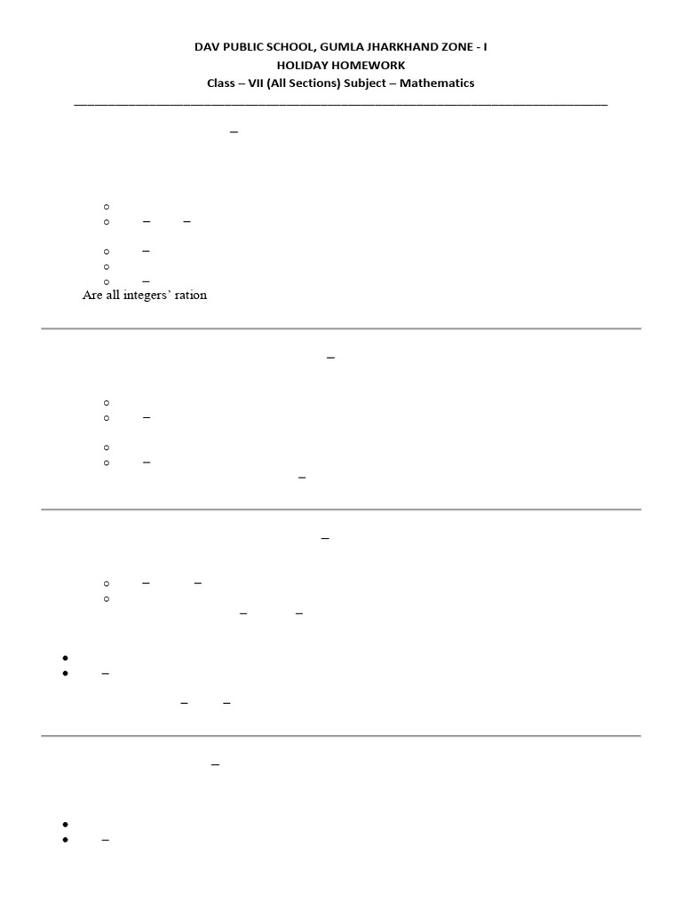Class VII Mathematics Holiday Homework | PDF