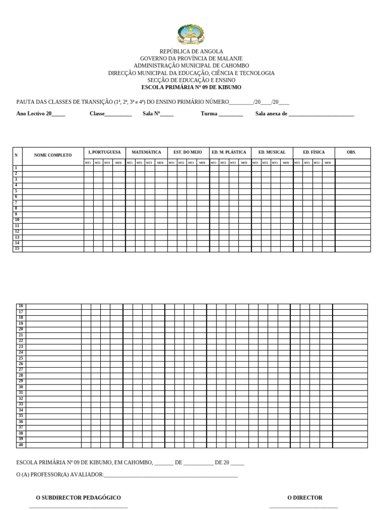 Pauta Final do Ensino Primário | PDF