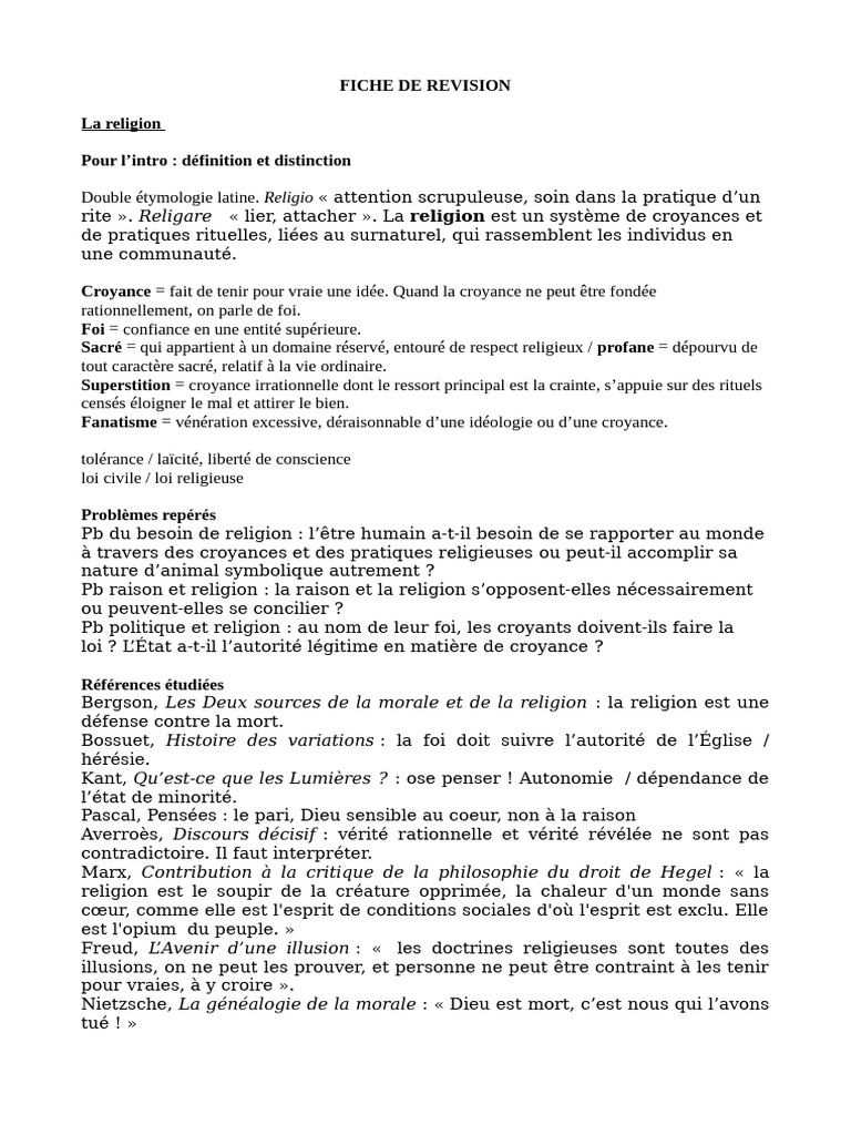 Fiche de révision sur la religion | PDF | Dieu | Raison