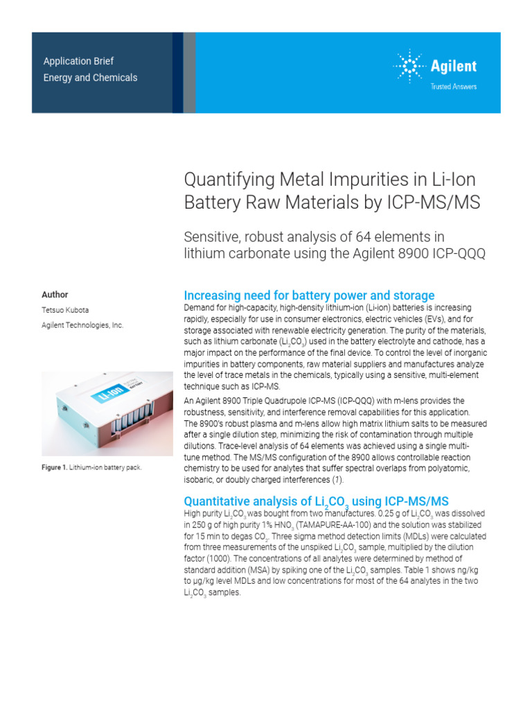 Application li2CO3 Battery 8900 ICP QQQ 5994 5341en Agilent | PDF ...
