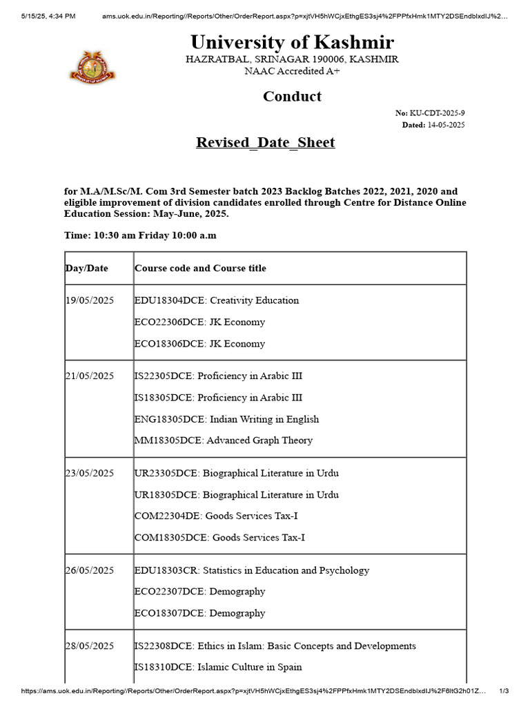 3rd Semester Date Sheet - University of Kashmir | PDF