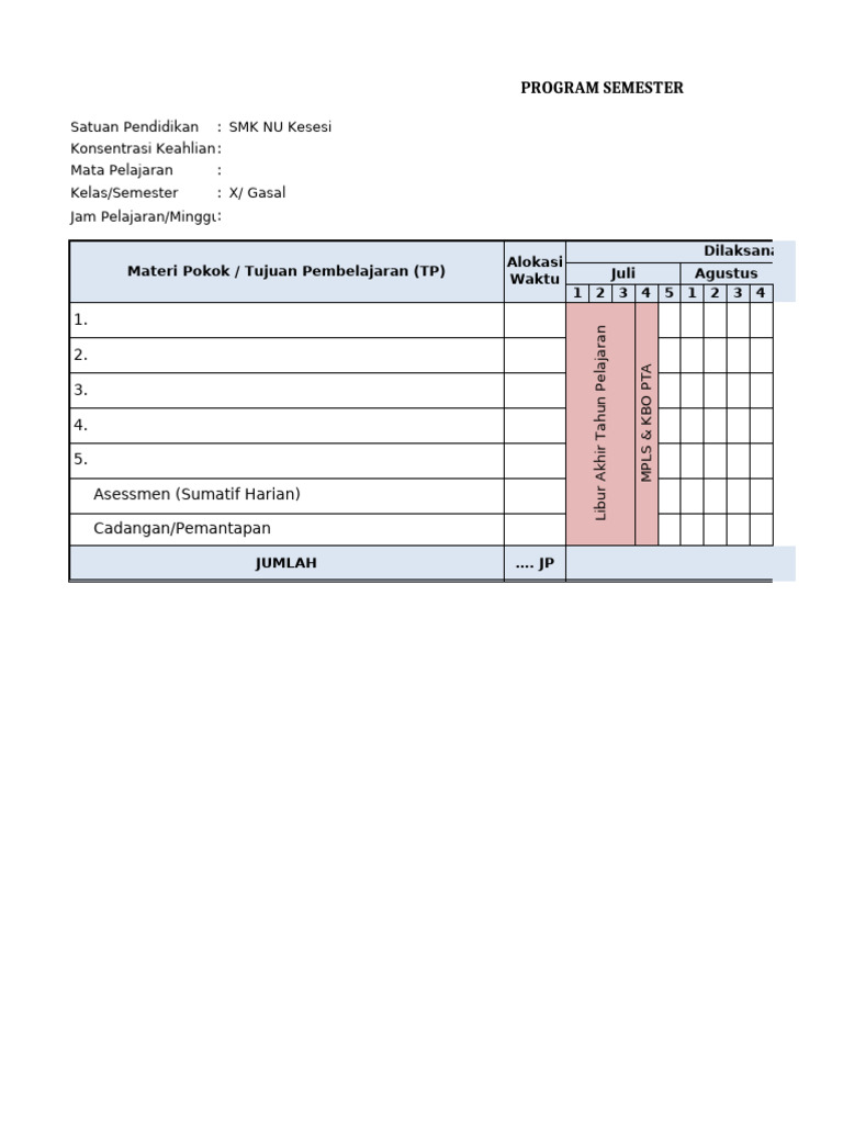 Program Semester SMK NU Kesesi 2024-2025 | PDF