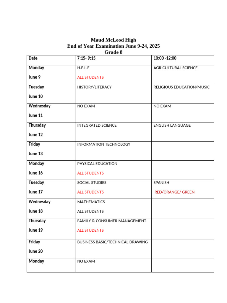 Grade 8 Exam Timetable 2025 | PDF