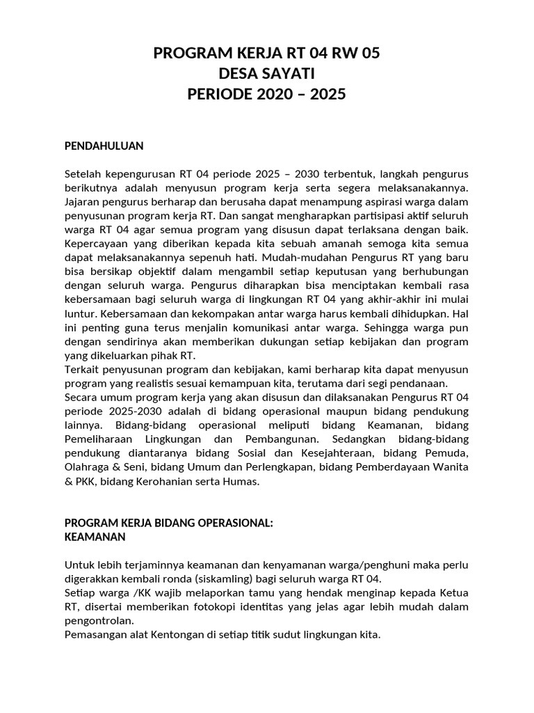 Program Kerja RT 04 RW 05 2020-2025 | PDF