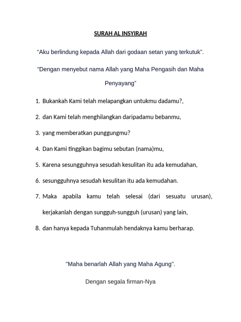 Makna dan Doa Surah Al Insyirah | PDF