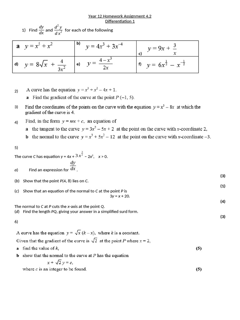 Year 12 Homework Assignment 4.2 Diff 1 | PDF