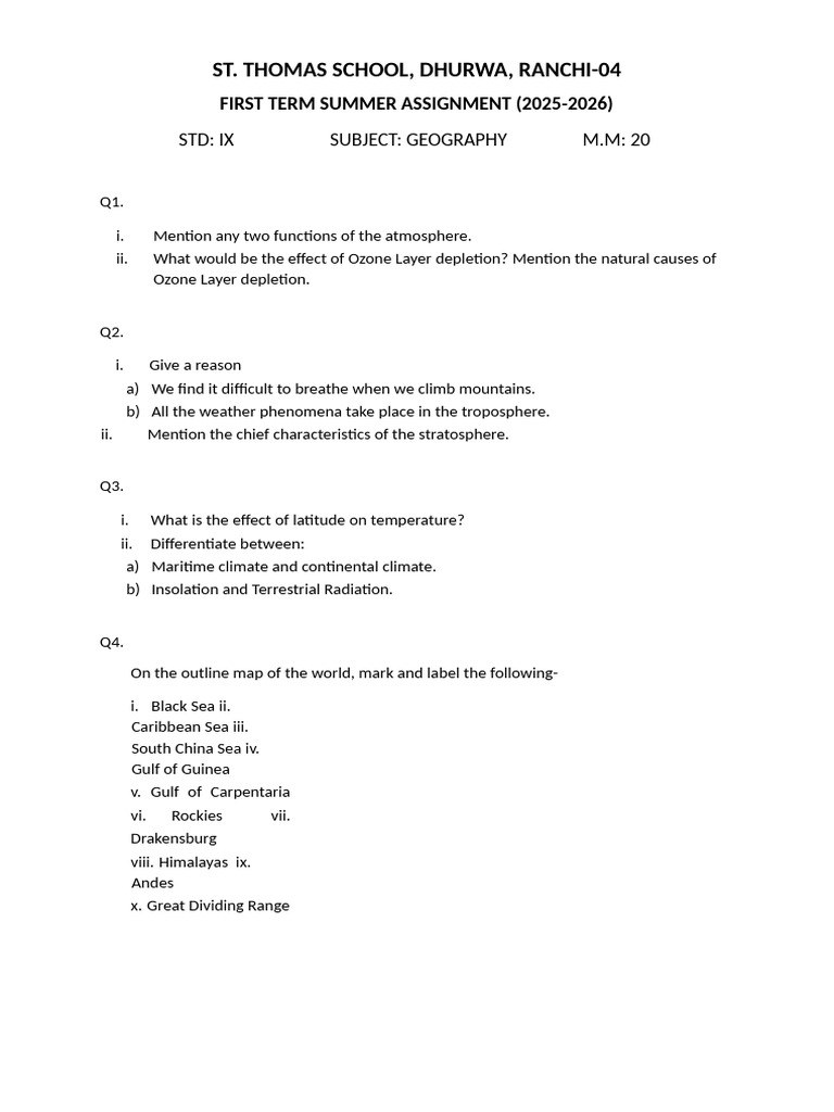 Geography Summer Assignment for IX Std | PDF