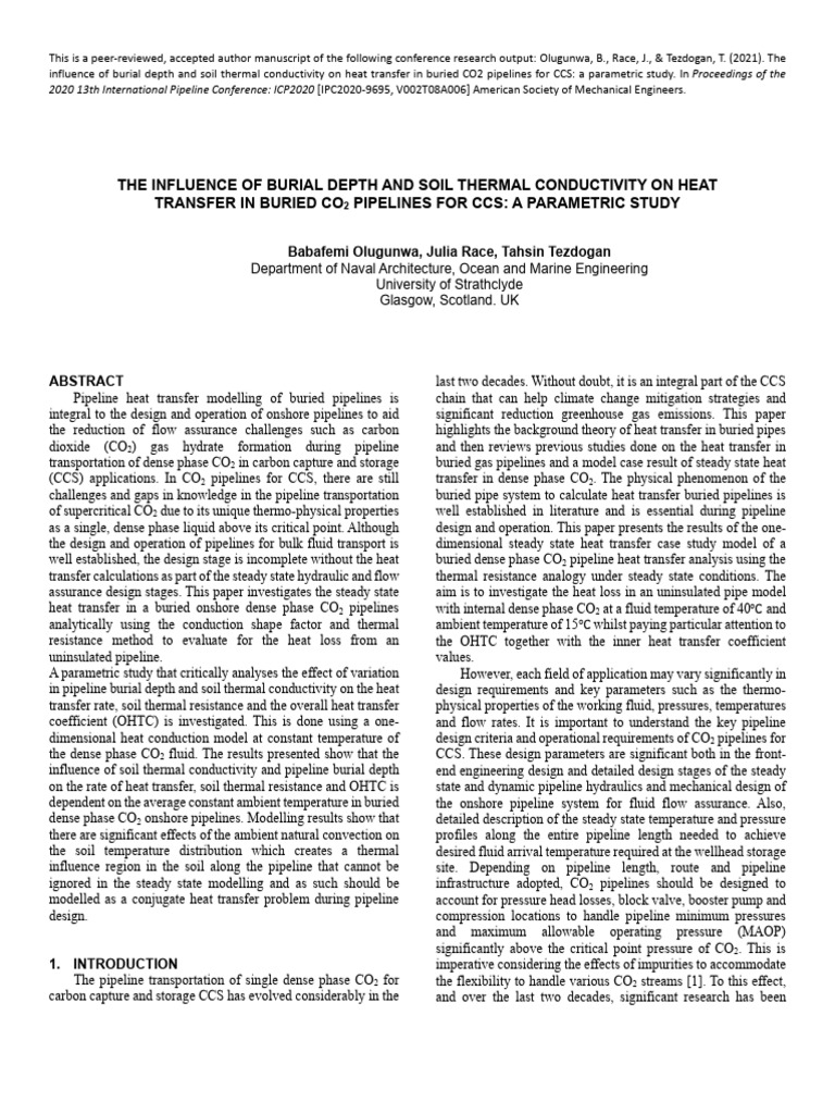 Heat Transfer in Buried CO2 Pipelines | PDF | Heat Transfer | Thermal ...