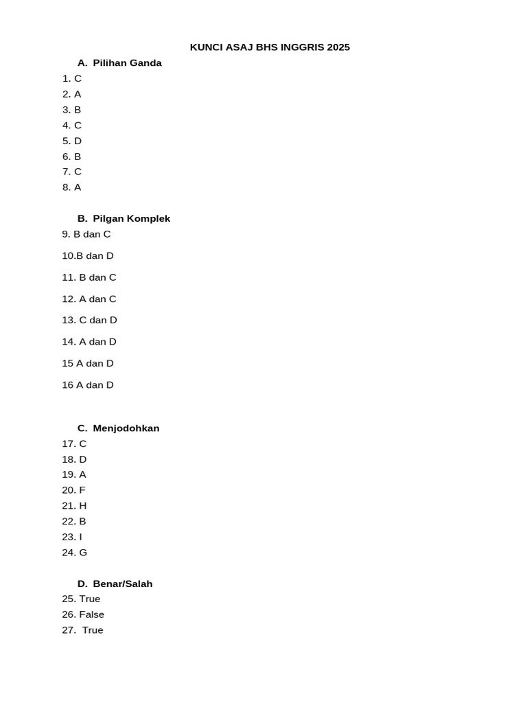 Kunci Asaj Bahasa Inggris 2025 | PDF