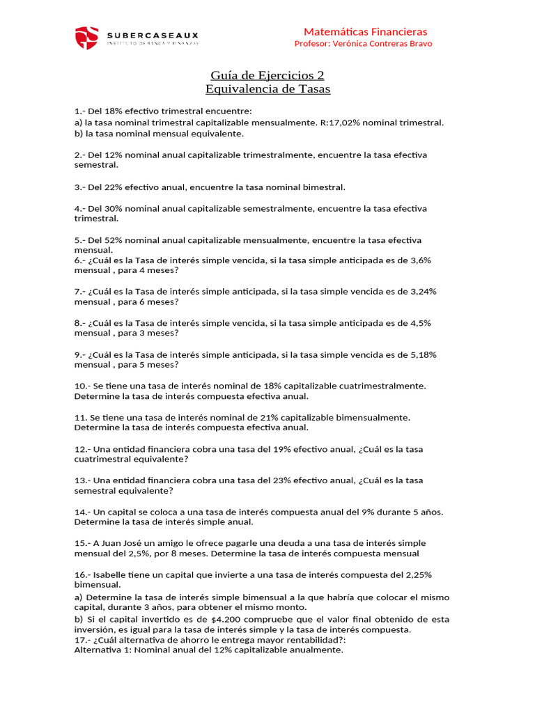 Ejercicios de Equivalencia de Tasas Financieras | PDF | Interés | Tasas ...