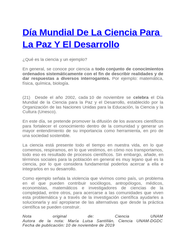Día Mundial de La Ciencia para La Paz Y El Desarrollo | PDF