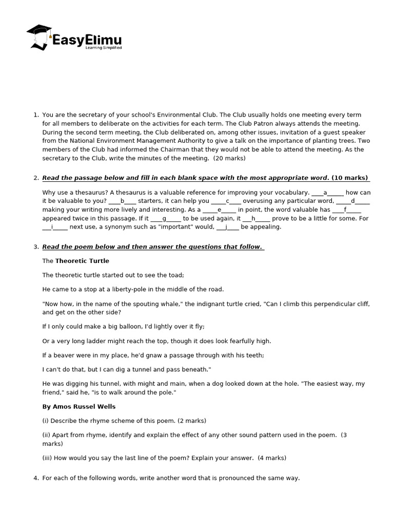 KCSE 2024 English Paper 1 Guide | PDF | Poetry | Grammar
