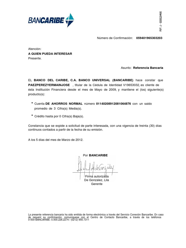 Referencia Bancaria Banco Nacional De Credito - dinero 