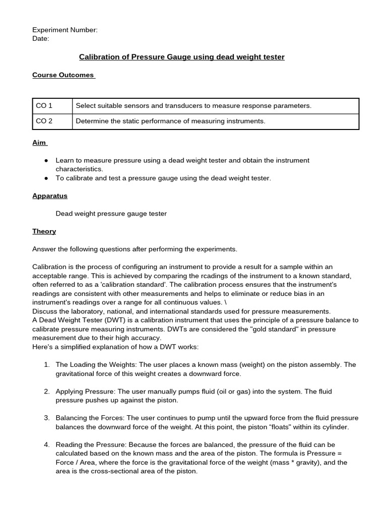 Calibrating Pressure Gauge with DWT | PDF | Pressure Measurement ...