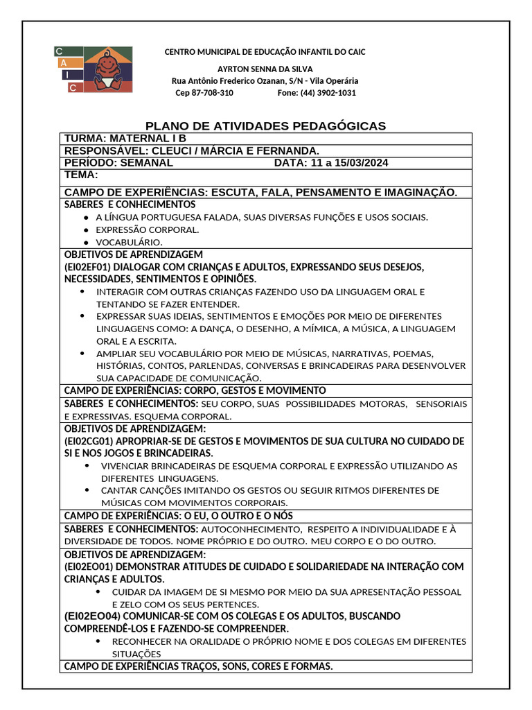 Plano de Aula Escola | PDF | Aprendizado | Cognição