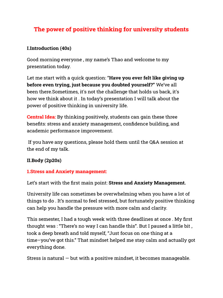 Positive Thinking for University Success | PDF | Thought | Social ...