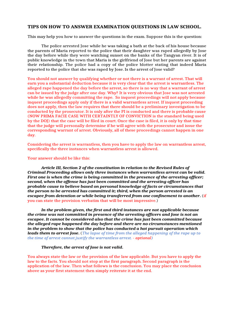 How to Answer Questions in the Exam | PDF | Search Warrant | Arrest
