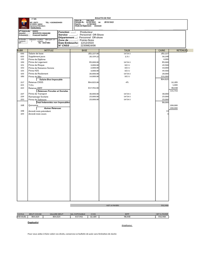 Bulletin de Paie Mai 2025 RDC | PDF | Bulletin de salaire (droit ...