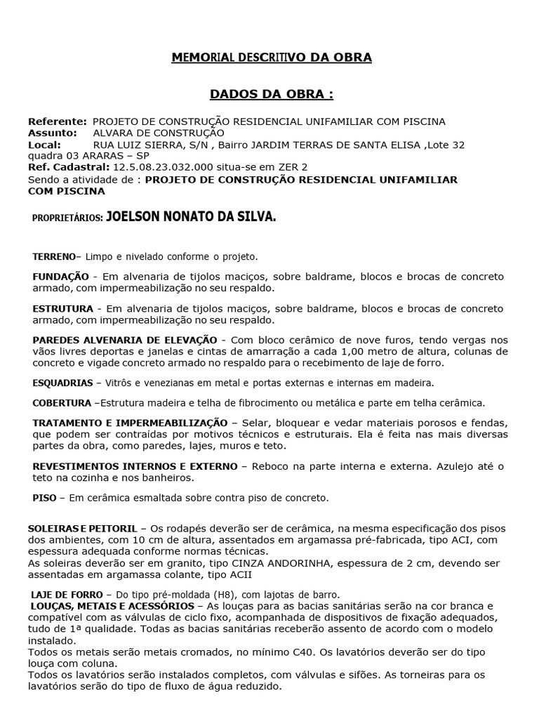Memorial Descritivo de Construção Residencial | PDF | Elementos ...