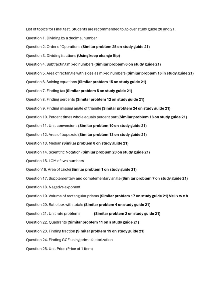 Study Guidelines For Final Test (List of Topics) | PDF