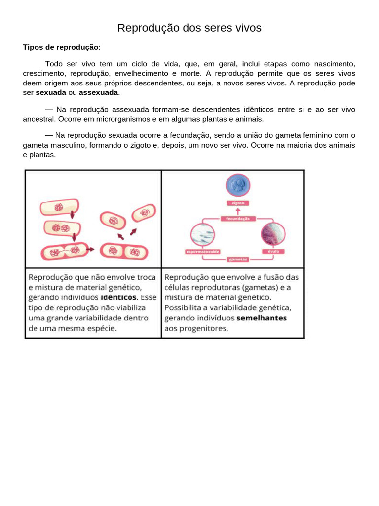 Tipos de Reprodução dos Seres Vivos | PDF | Reprodução | Processos ...