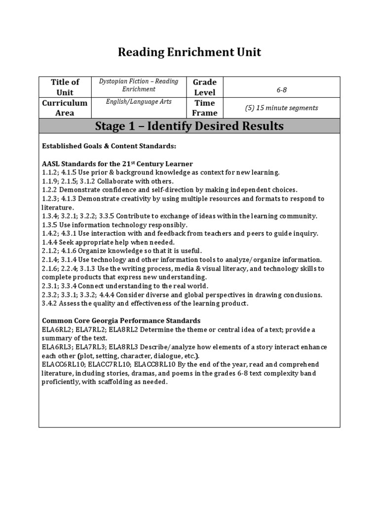 Dystopian Fiction Reading Unit | PDF | Reading (Process) | Learning