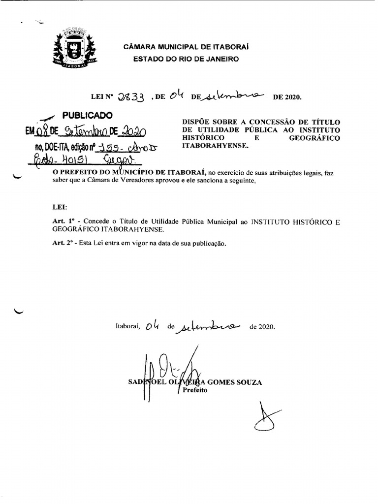 Lei 2833 - 2020 - Título de Ultilidade Pública para o IHGI | PDF