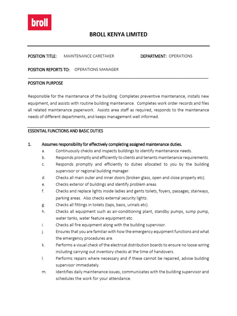 Maintenance Caretaker Job Description | PDF