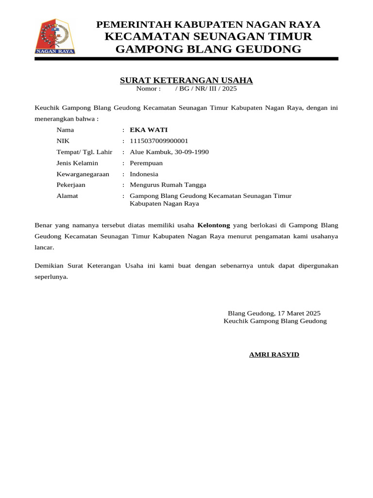 Surat Keterangan Usaha EKA WATI Nagan Raya | PDF